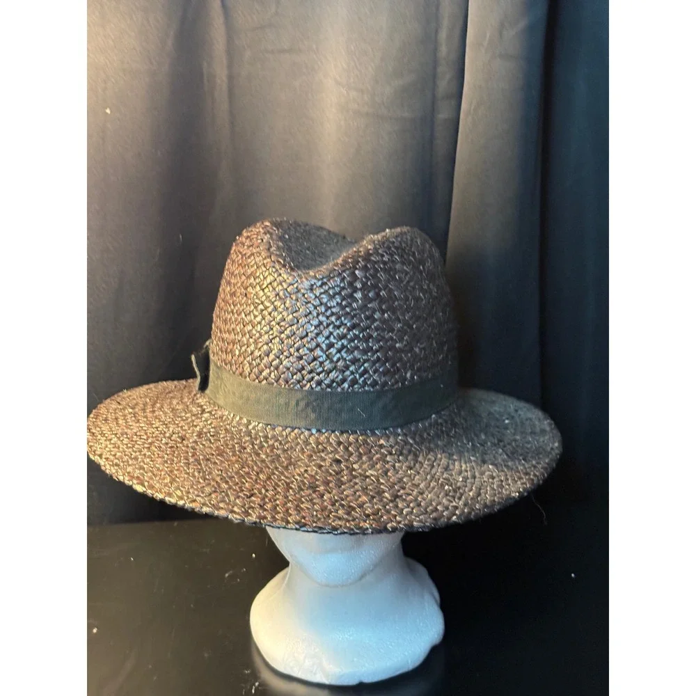 Classic Woven Straw Fedora Hat Dark Brown Grosgrain Ribbon Bow Sun Hat